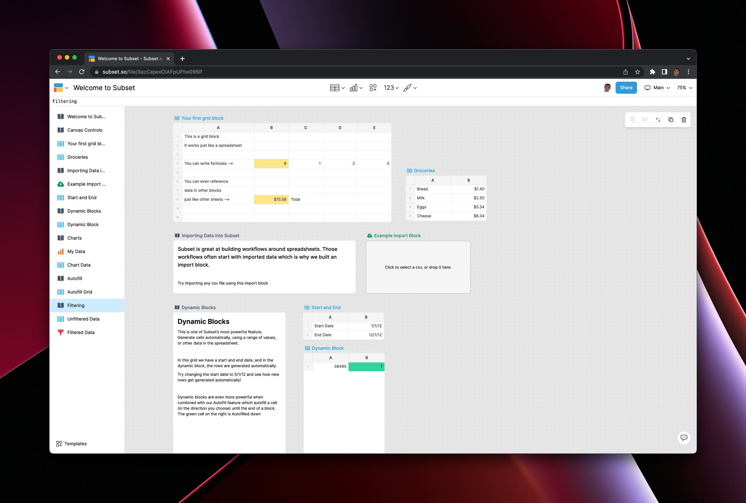 A welcome screen on Subset with multiple spreadsheet grids