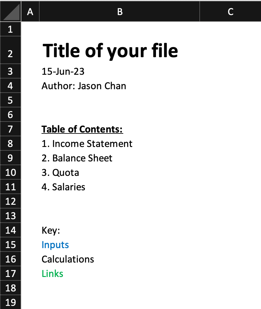 Example of a spreadsheet cover page