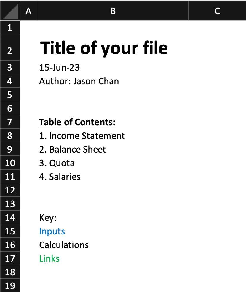 Excel table of contents